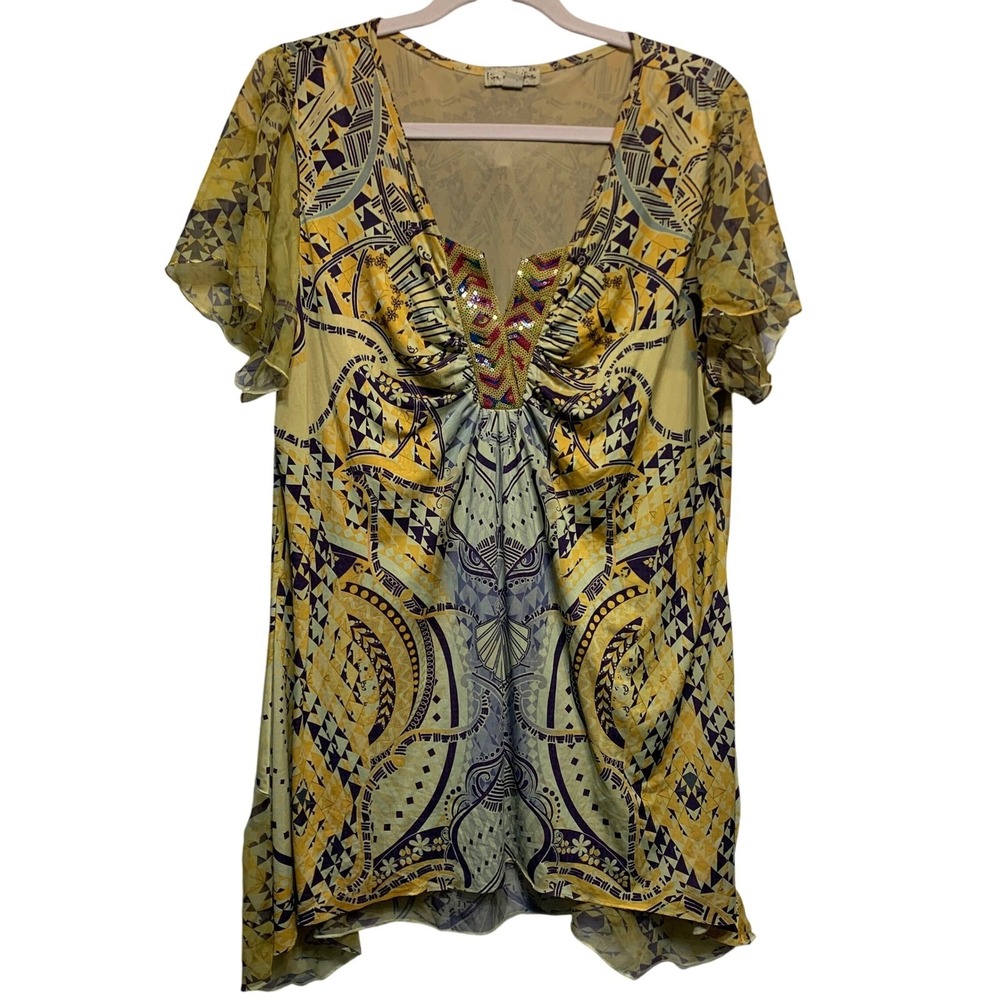 Boho Tunic Top 2X Hippie Geometric Sequin V-Neck Tribal Artsy Blouse